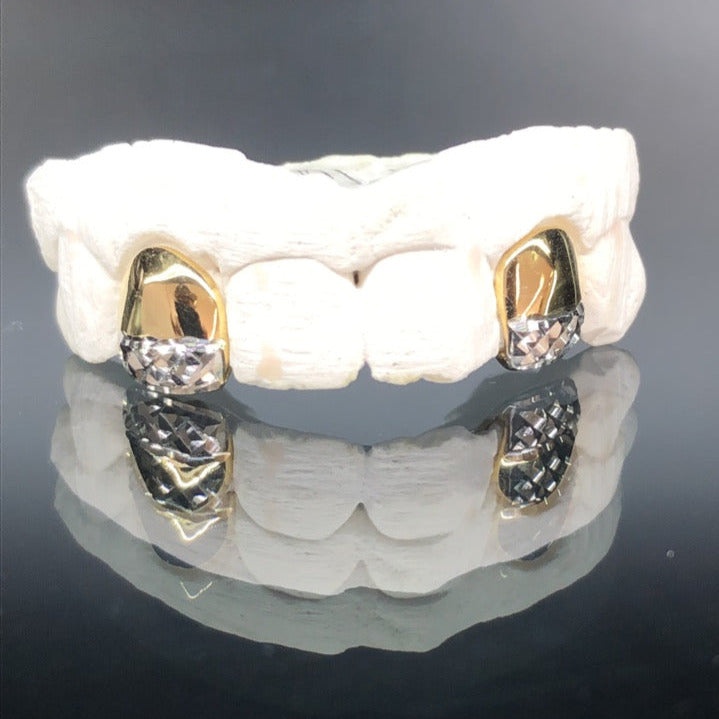 2 Teeth Gold Grillz (White Gold Diamond Cut w/ Back Bridge)