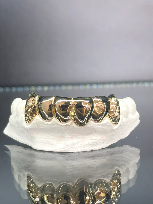 6 Teeth Gold Grillz - 6 Tops or Bottoms (Starburst w/ Diamond Cut Fangs)