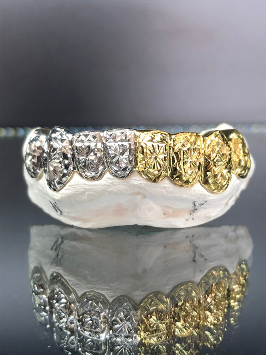 8 Teeth Gold Grillz - 8 Tops or Bottoms (Two-tone Starburst w/Trillion Cut)